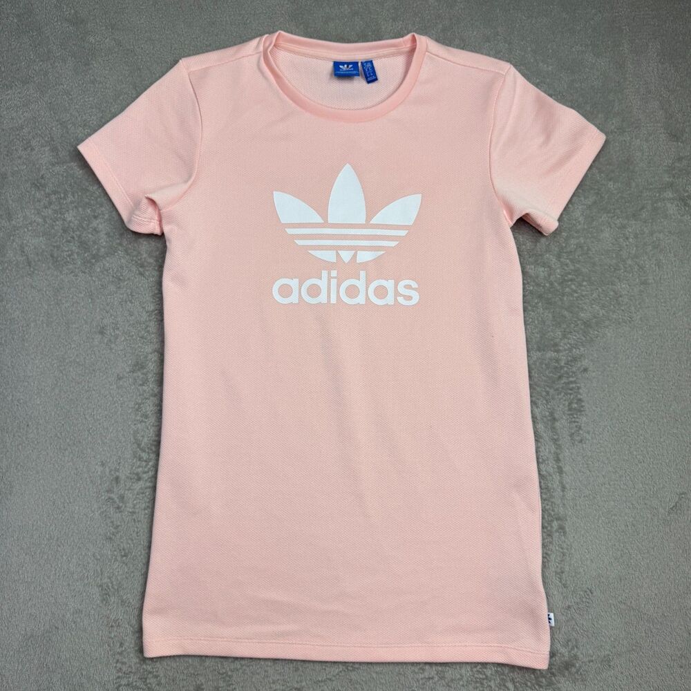 Adidas T Shirt Womens XS Pink Textured Trefoil Logo Crew Neck Short Sleeve